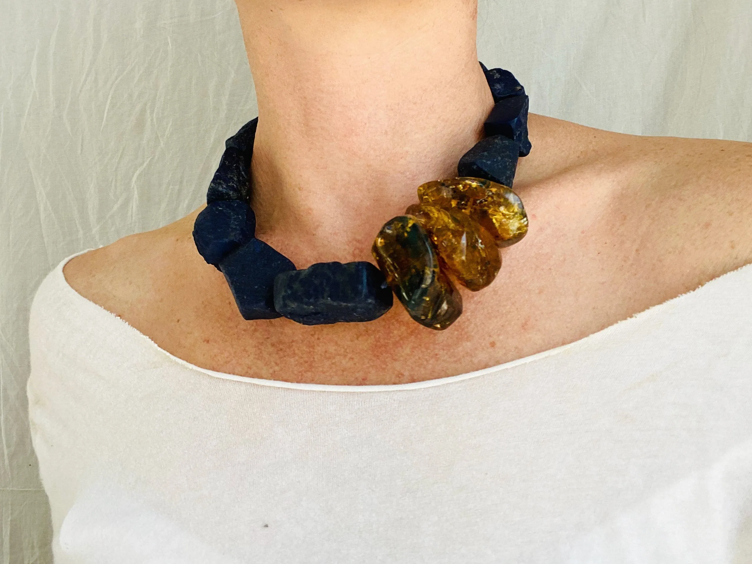 Lapis and Amber Beaded Necklace. Mexican Amber. Chunky