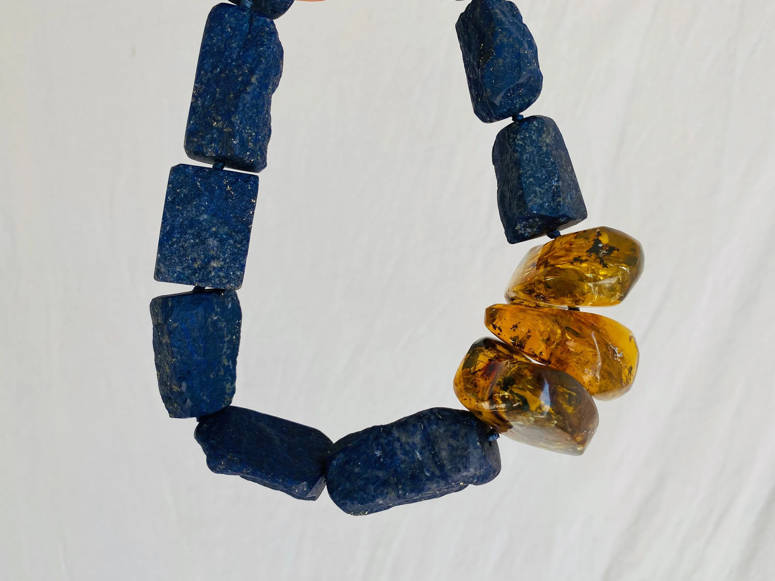 Lapis and Amber Beaded Necklace. Mexican Amber. Chunky