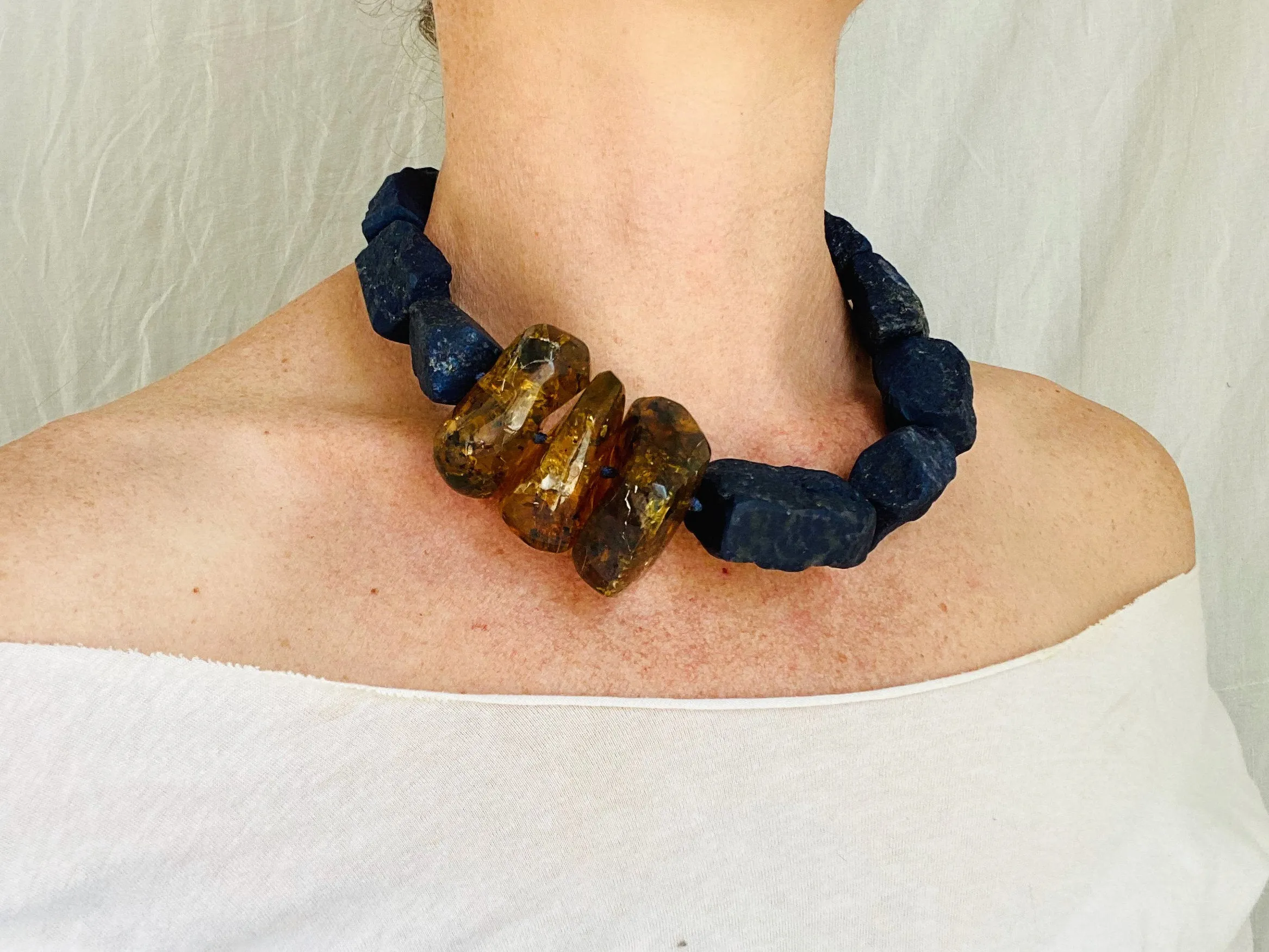 Lapis and Amber Beaded Necklace. Mexican Amber. Chunky