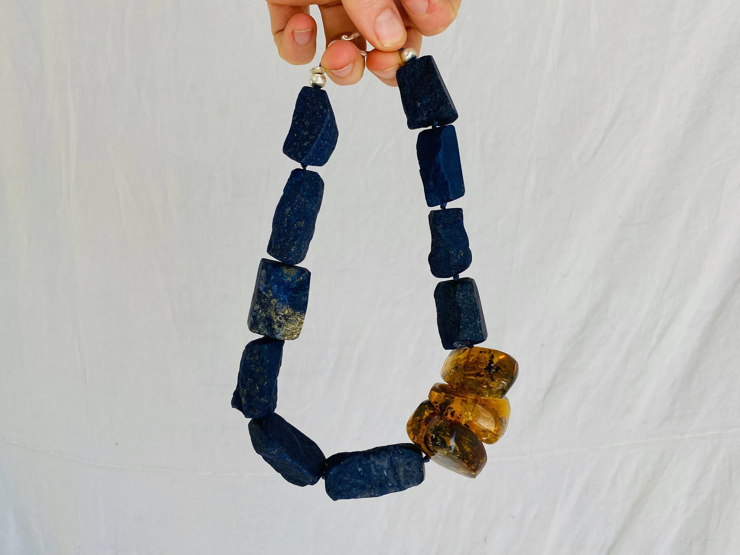 Lapis and Amber Beaded Necklace. Mexican Amber. Chunky