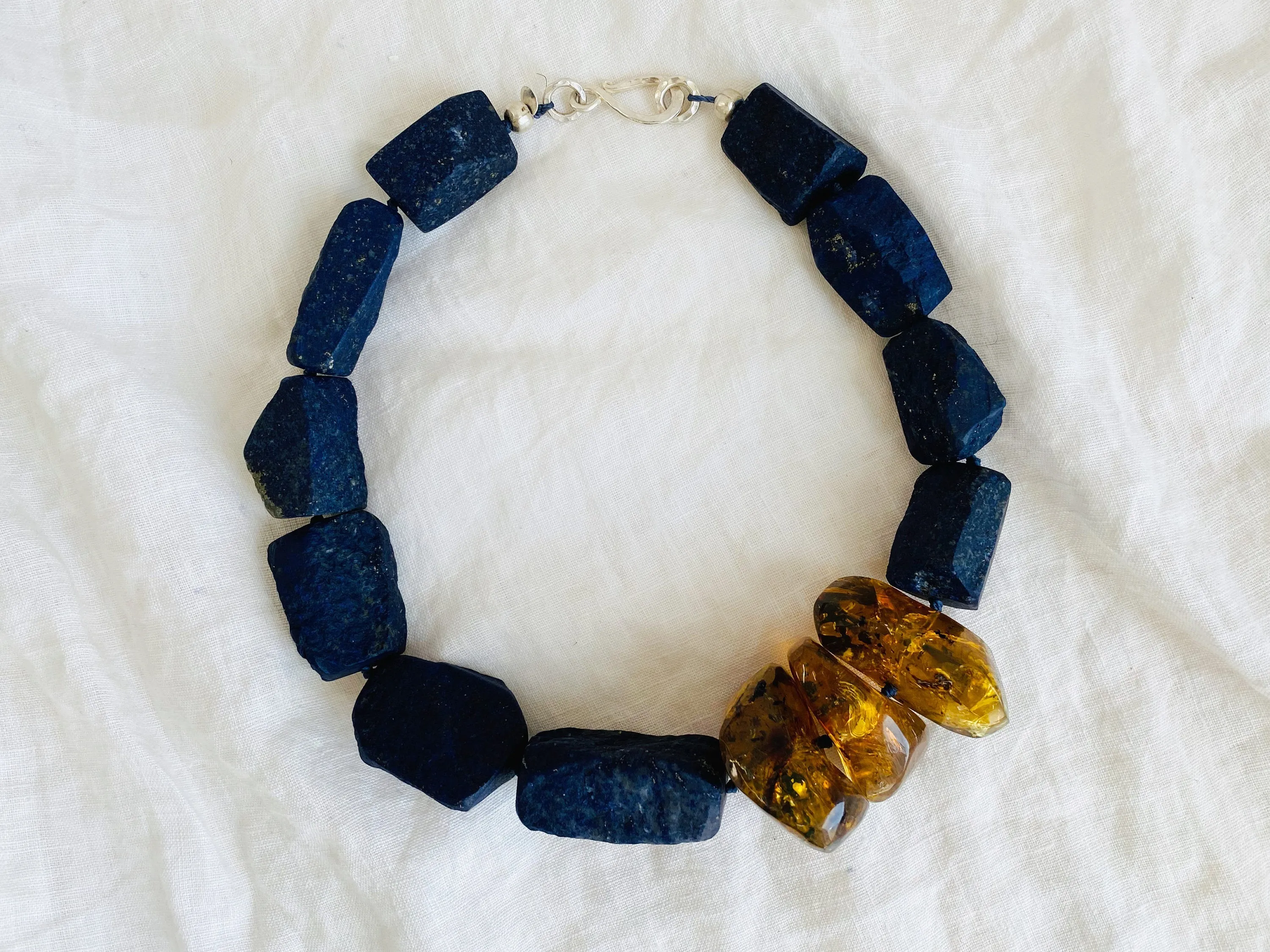 Lapis and Amber Beaded Necklace. Mexican Amber. Chunky