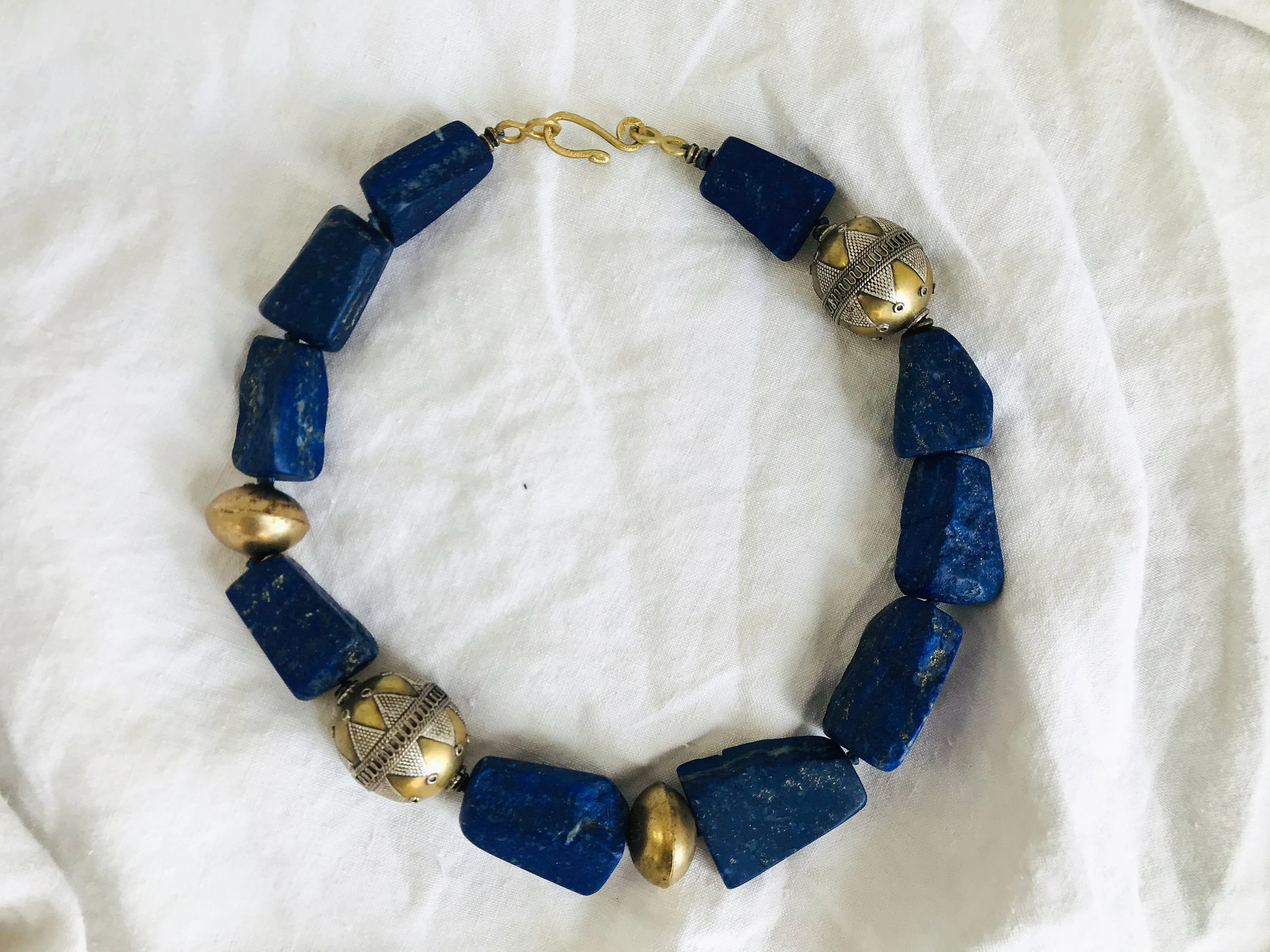 Lapis and Brass Beaded Necklace.