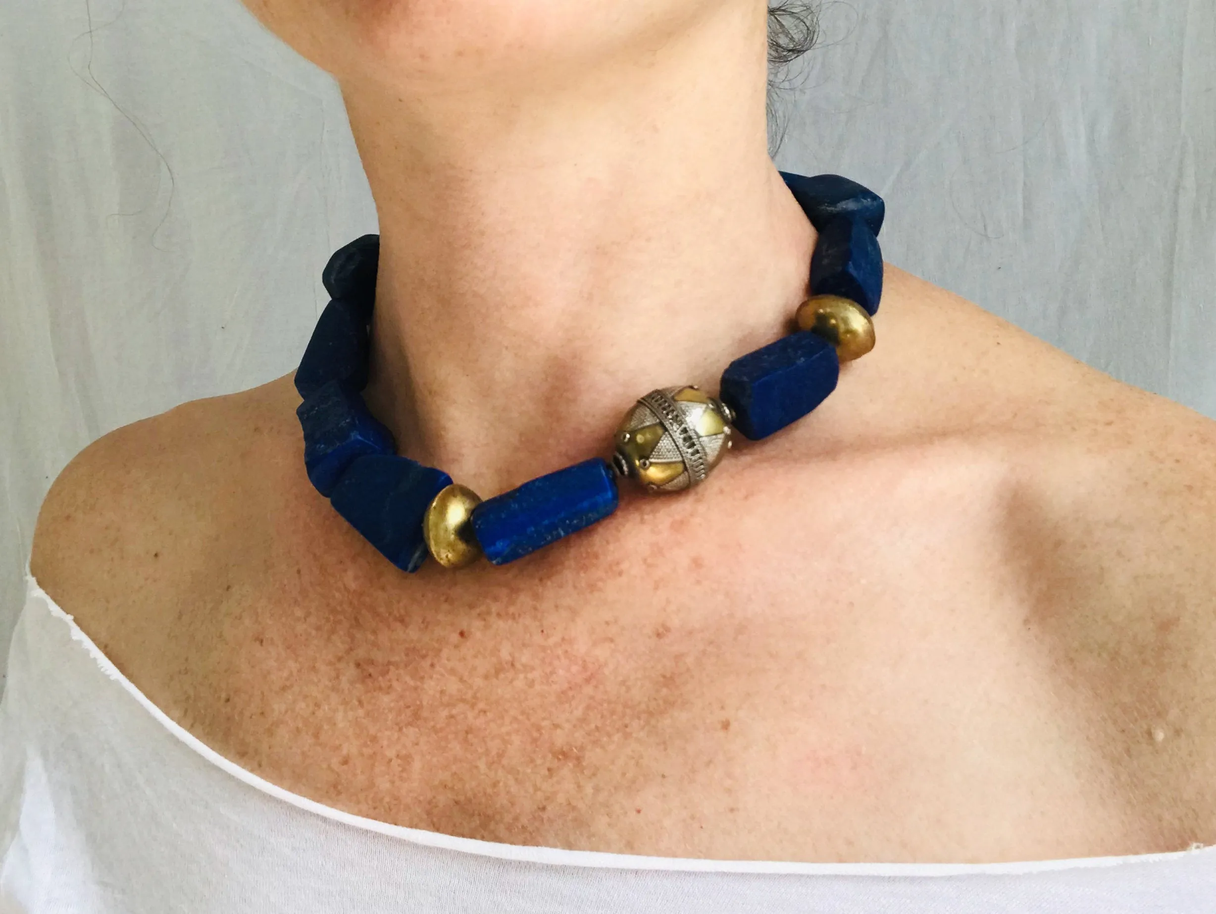 Lapis and Brass Beaded Necklace.