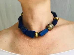 Lapis and Brass Beaded Necklace.