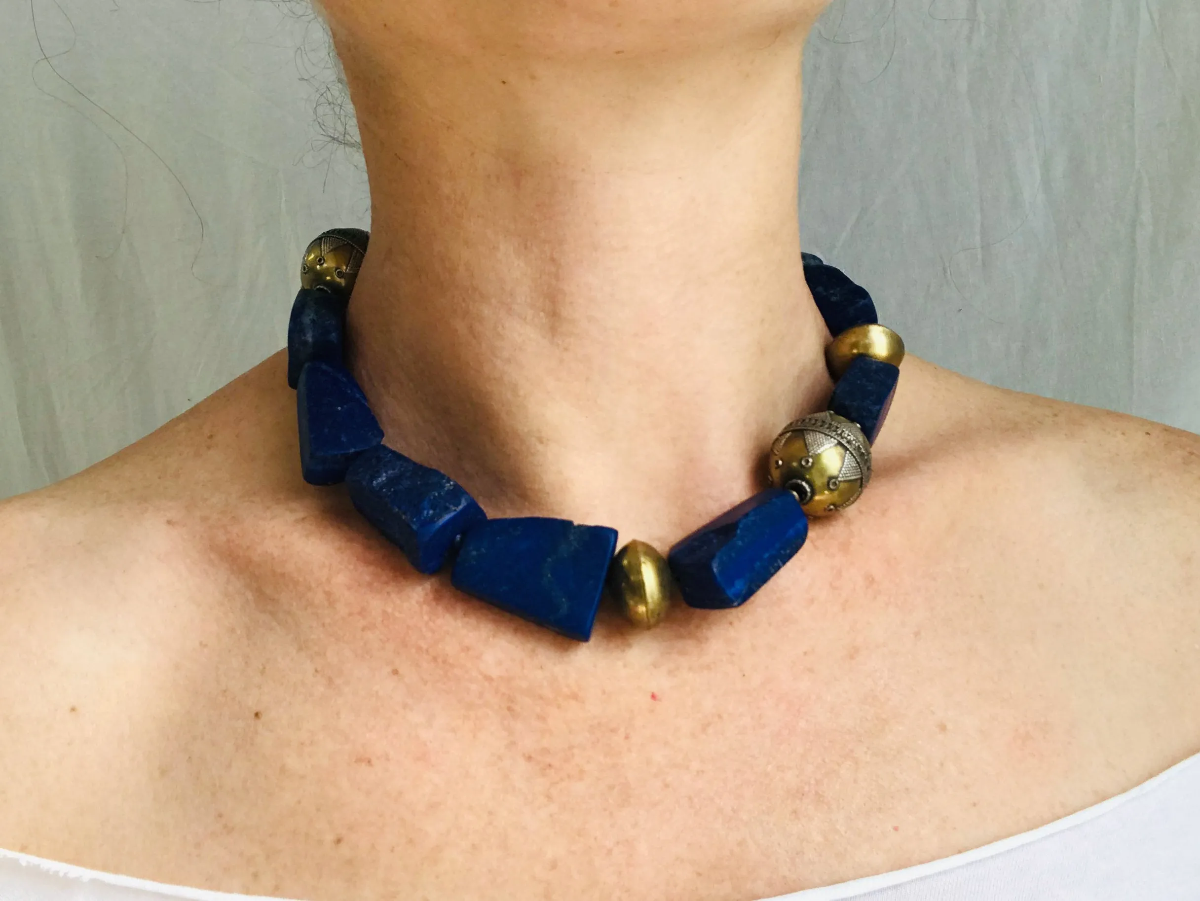 Lapis and Brass Beaded Necklace.