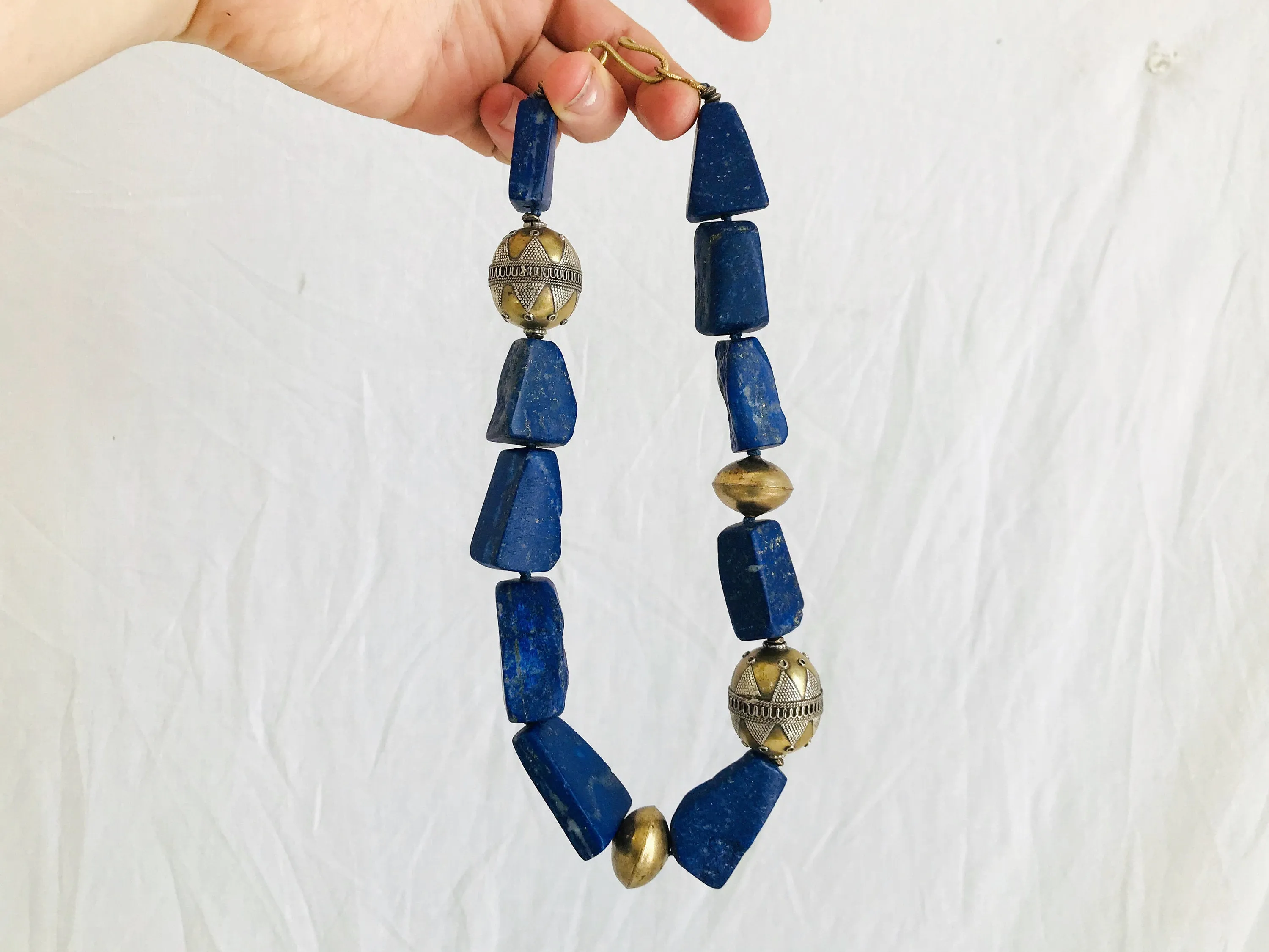 Lapis and Brass Beaded Necklace.