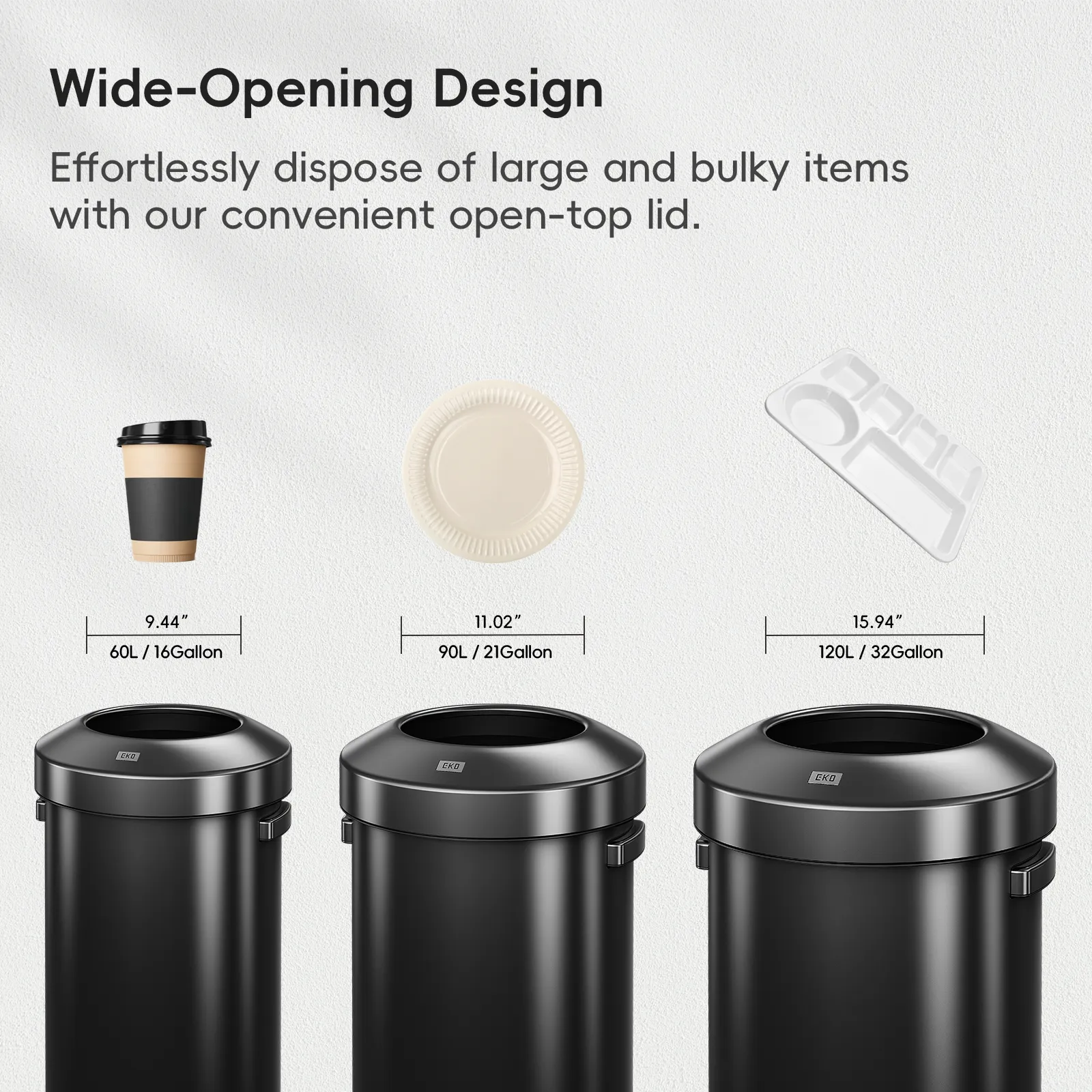 Urban Round Open Top Can Commercial Grade - 60L / 16 Gal- Black Stainless Steel